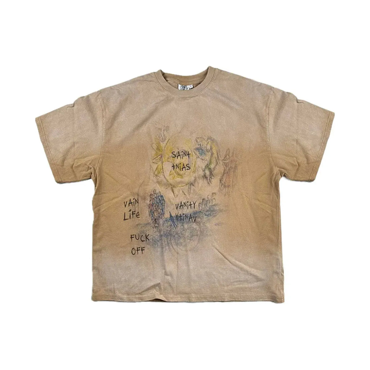 Distressed beige Saint Vanity tee with handwritten 'SAINT TNIAS', 'VAIN Life', 'VANITY', 'FUCK OFF' text & abstract doodles.