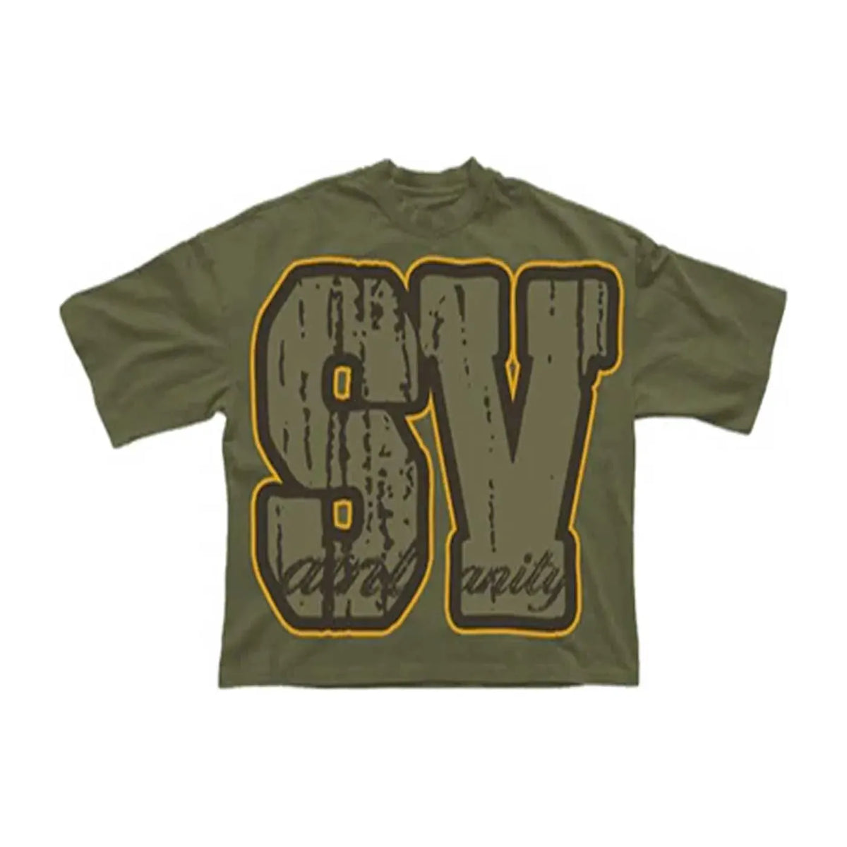 Olive green Saint Vanity Tee with distressed dark grey SV logo outlined in yellow, 'Saint Vanity' text layered within.