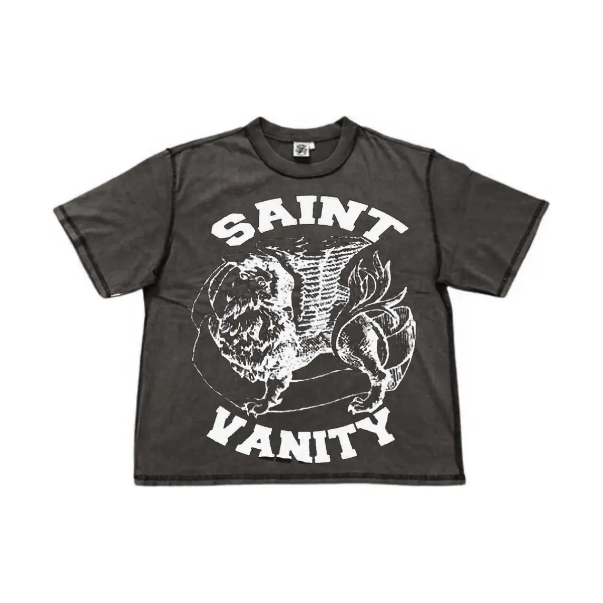 Saint Vanity distressed grey tee with large white griffin graphic and "SAINT VANITY" text.