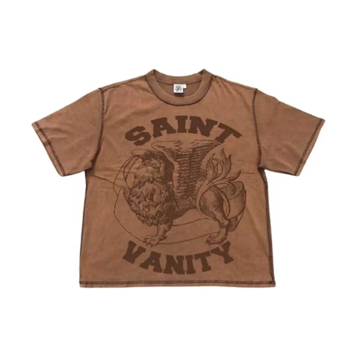 Brown distressed Saint Vanity Griffin Tee. Dark brown griffin graphic with "SAINT" above and "VANITY" below.