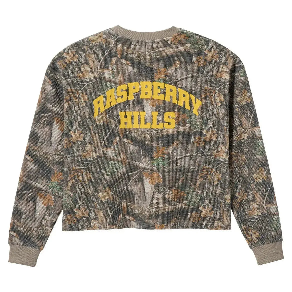 Realtree camo waffle-knit thermal top with yellow 'RASPBERRY HILLS' arched text on back. Ribbed collar & cuffs.