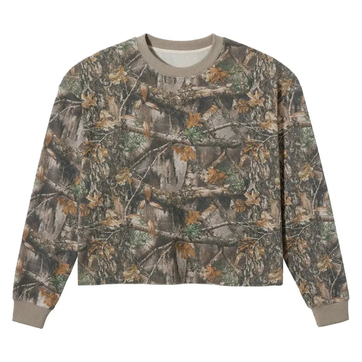 GV GALLERY Raspberry Hills Realtree thermal, brown/green camo waffle knit, with tan ribbed crew neck & cuffs.