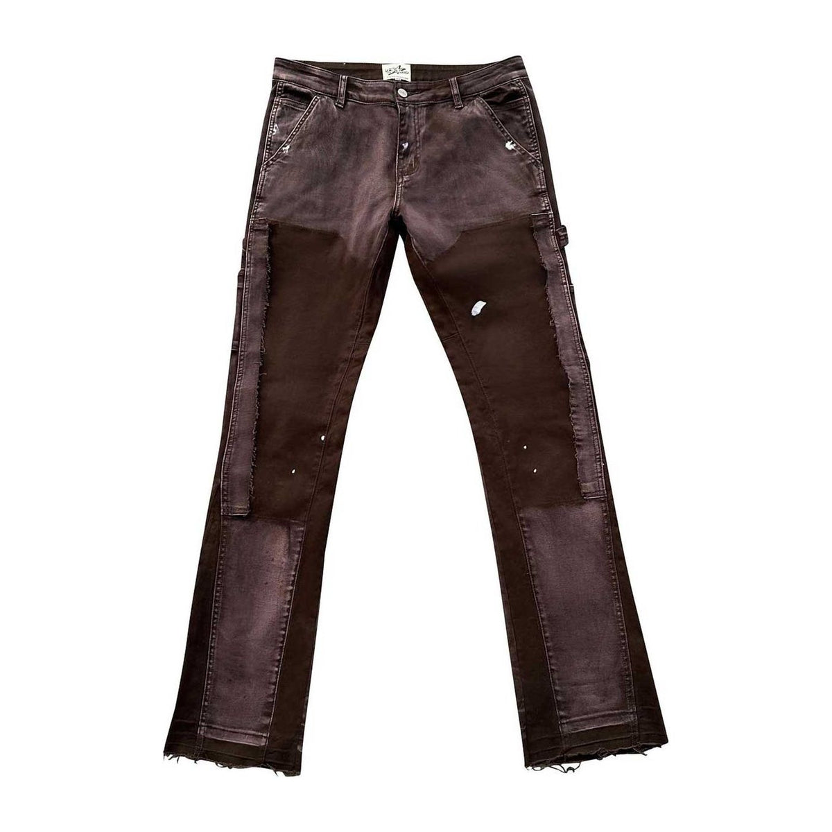 Triple Sevens distressed brown flare jeans with faded panels, white paint splatters, carpenter pockets & raw hem.