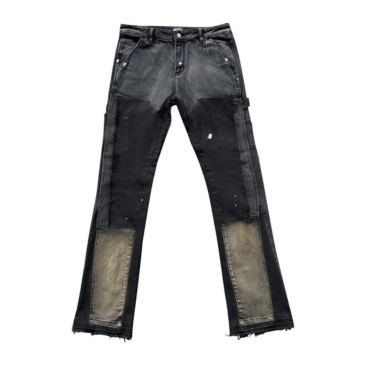 Triple Sevens washed black flare carpenter jeans with distressed details, paint splatters, faded lower leg panels, and frayed hems.
