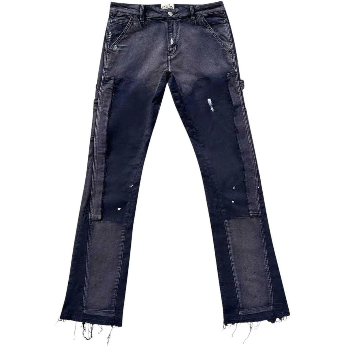 Triple Sevens washed navy flare carpenter jeans with white paint splatters, side panels, & frayed raw hems.