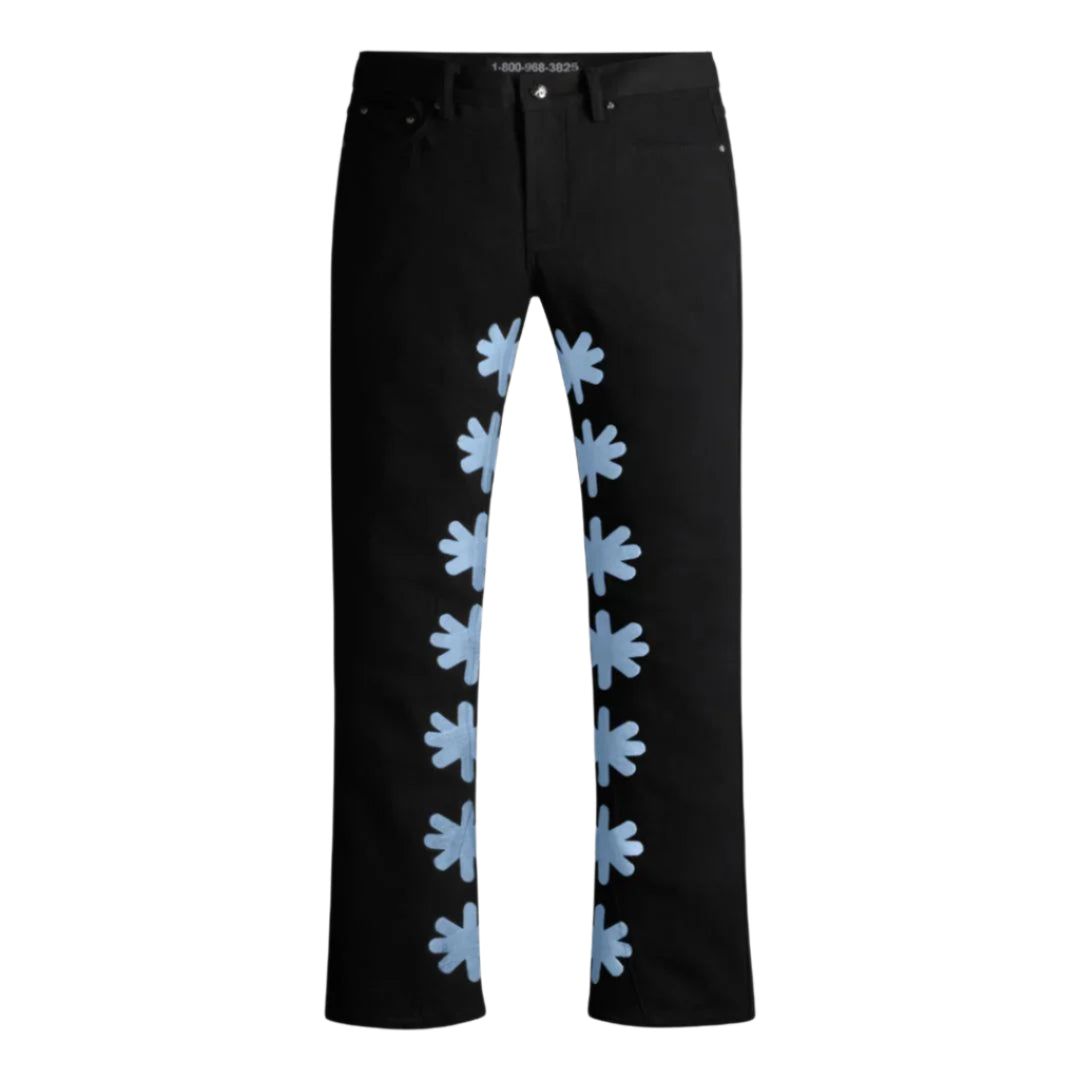 LOSTSHDWS DRKSHDWS black denim jeans with powder blue 'Sun Logos' down outer seams. Phone number on waist.