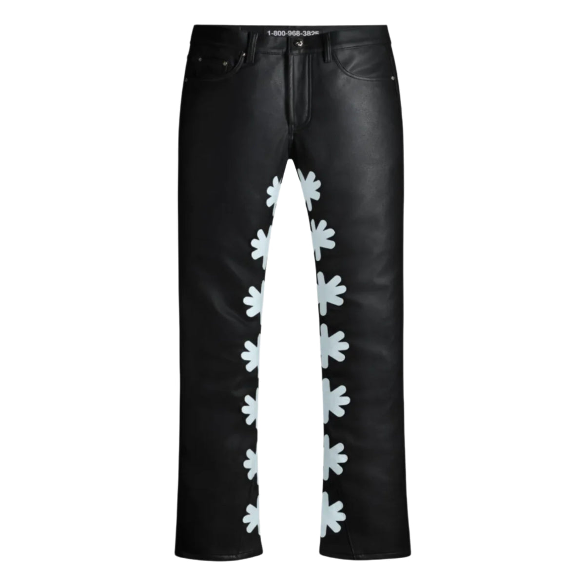 Black leather-look pants with powder blue stylized suns vertically down outer seams. '1-800-968-382*' on waistband.