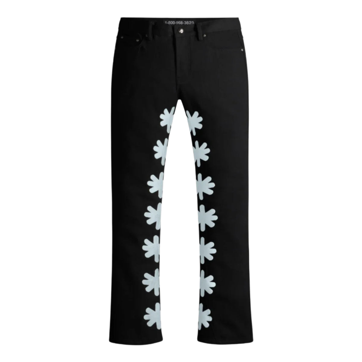Black DRKSHDWS denim jeans with vertical rows of frost blue sun logos down each outer seam.
