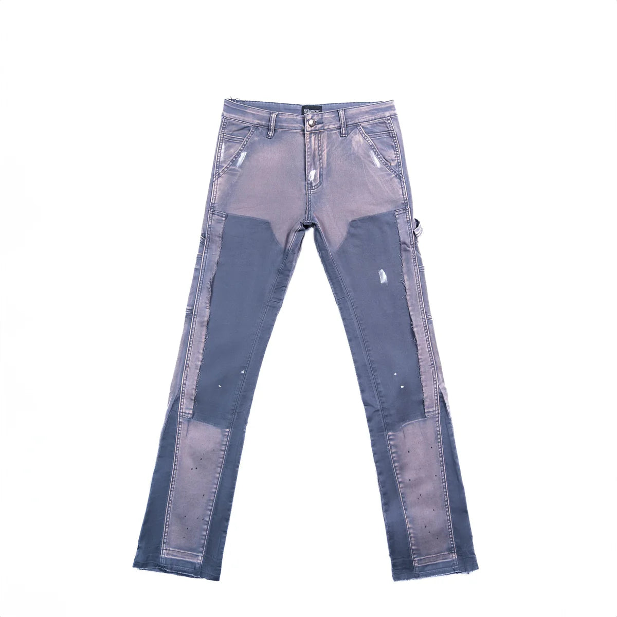 Triple Sevens grey flare jeans with faded, patched distressed denim, white paint splatters, raw hems, and a tool loop.