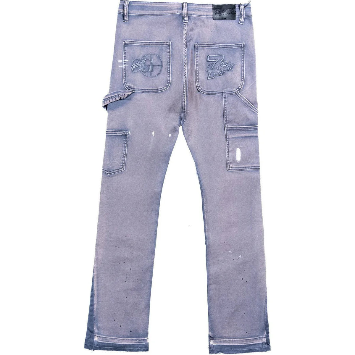 Grey Triple Sevens x SniperGang carpenter flare jeans, back view. Distressed with paint splatters. Back pockets embroidered with target & '7S' star.