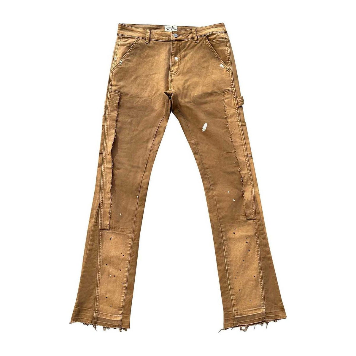 Triple Sevens khaki flare carpenter jeans with distressed utility details, white paint splatters, and raw frayed hems.
