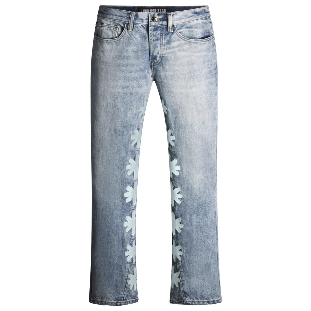 LOSTSHDWS Frost Blue faded denim jeans, straight fit, with light blue daisy appliques on outer seams. "1-800-968-3825" on waistband.