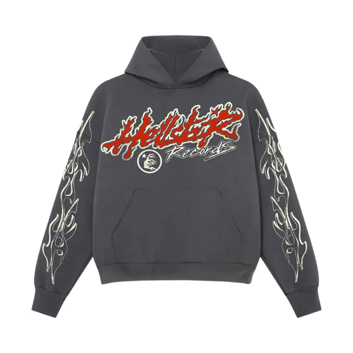 Hellstar Records Tour Washed Black hoodie. Features red flaming "Hellstar Records" text & logo on front, white flame graphics on sleeves.