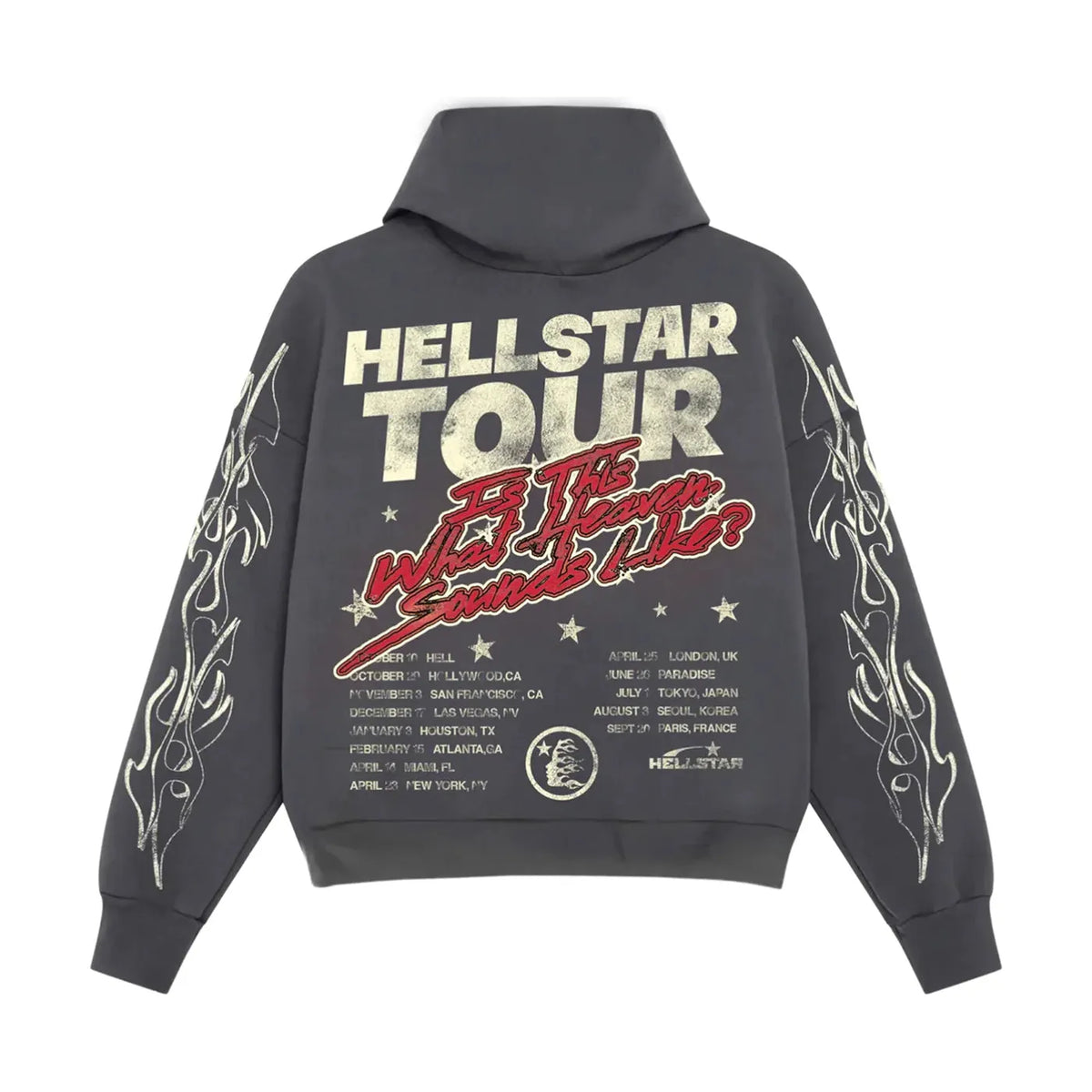 Hellstar Washed Black Tour Hoodie. Distressed "HELLSTAR TOUR" text, red "Is This Heaven?" quote, tour dates, and flame sleeves.
