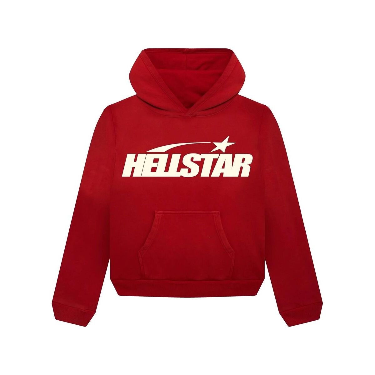 Red Hellstar Studios hoodie with a white "HELLSTAR" text logo, star, and swoosh on the chest, featuring a hood and front pocket.