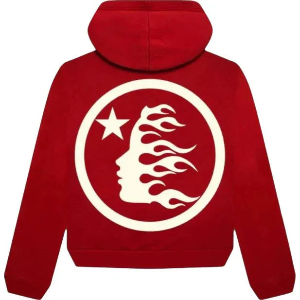 Red Hellstar Uniform Hoodie, back view. Large white circular logo with a star & flaming face profile.