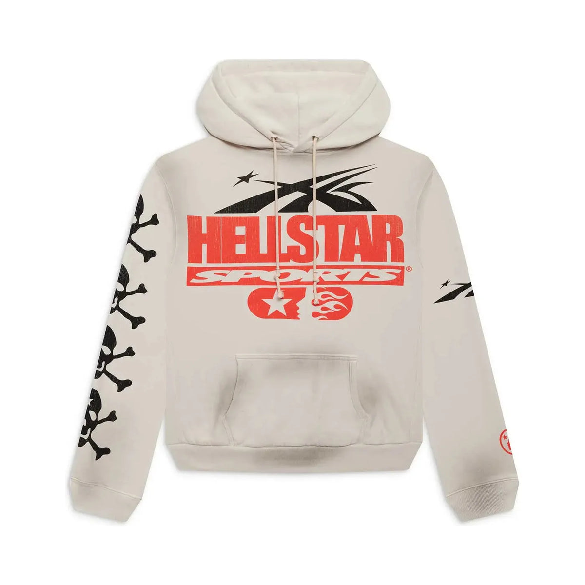 Off-white Hellstar Studios hoodie. Red 'HELLSTAR SPORTS' on chest with black swish & star graphic, black skull & crossbones on left sleeve.