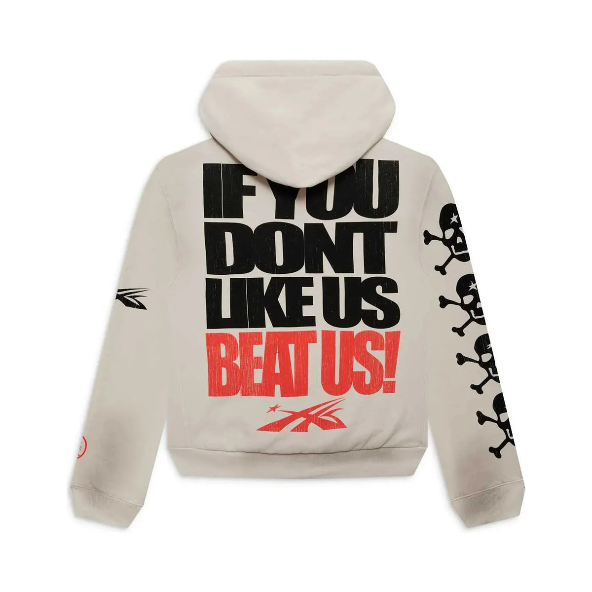 Off-white Hellstar Studios hoodie. Back: "IF YOU DON'T LIKE US BEAT US!" in black/red. Right sleeve: black skulls. Left sleeve: Hellstar logo.