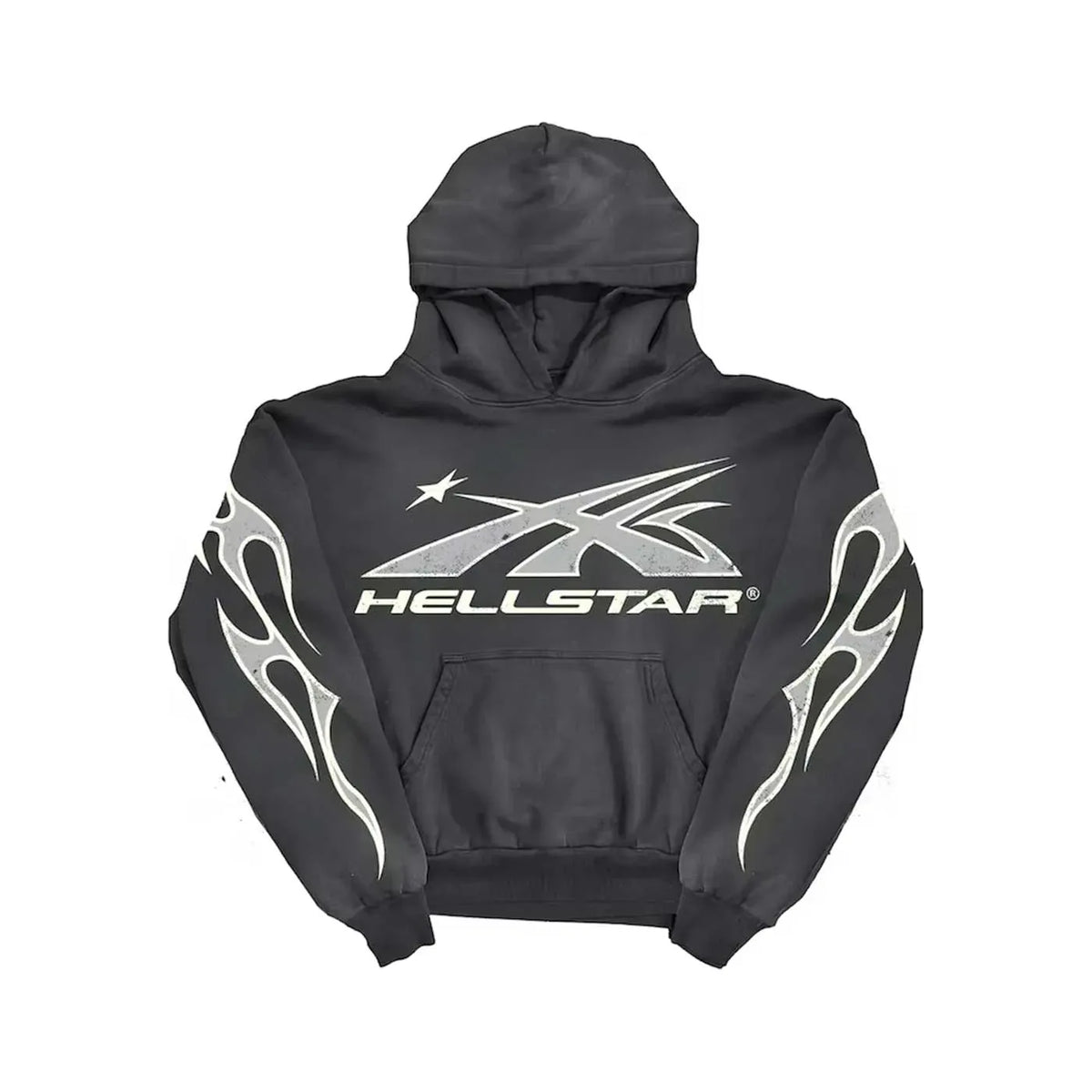 Black Hellstar Studios hoodie featuring a large silver stylized Hellstar logo on the chest and matching silver flame graphics on sleeves.