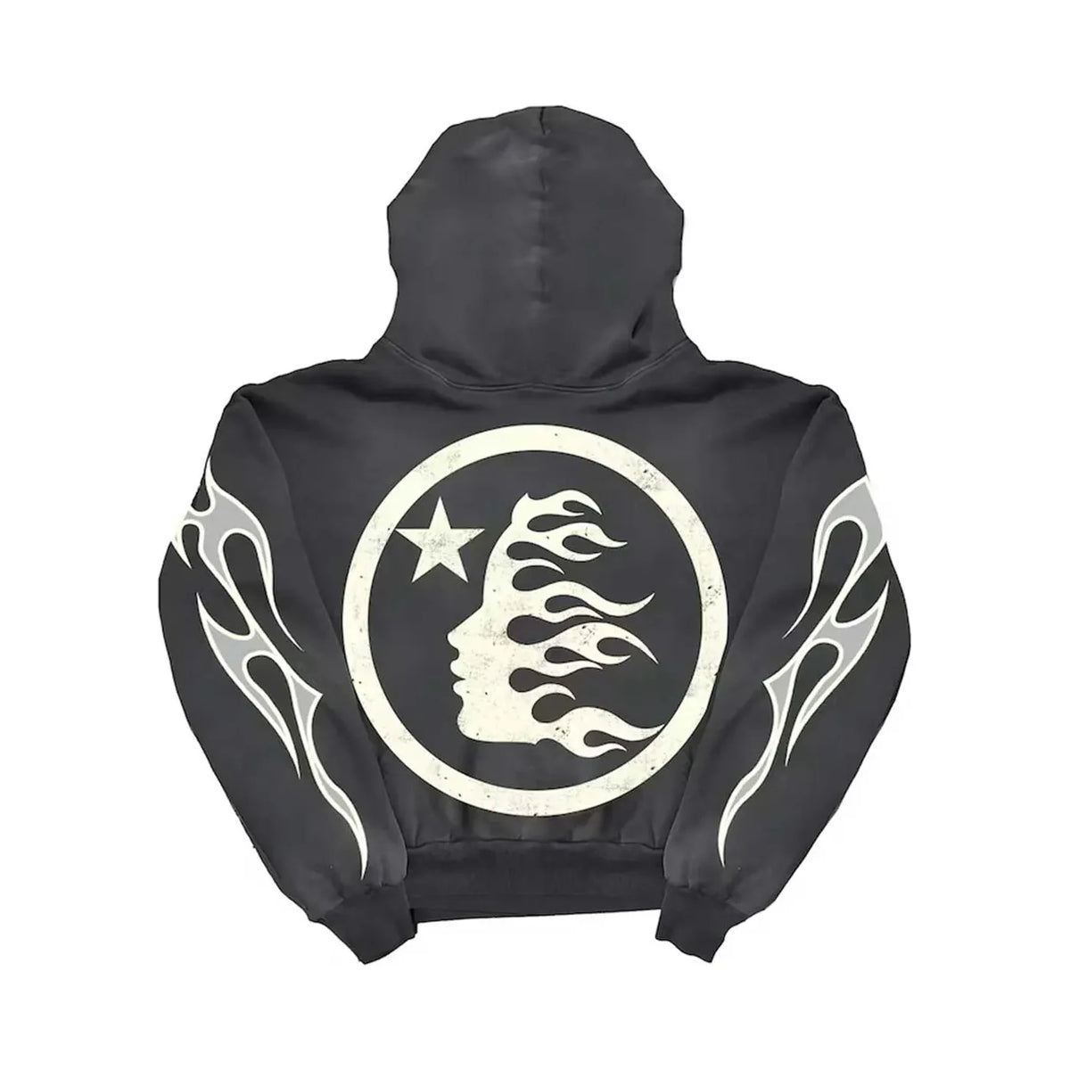 Black Hellstar Studios hoodie with distressed white face-in-flames and star logo on back. White/grey flame graphics on sleeves.