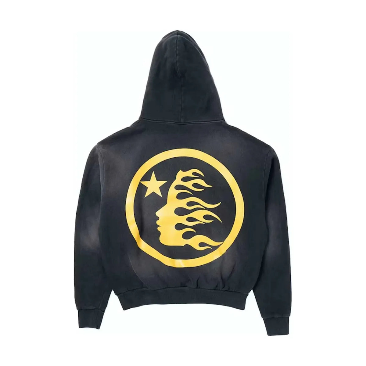 Hellstar Studios Washed Black Hoodie, back view. Features large yellow graphic: flaming face profile in a circle with a star.