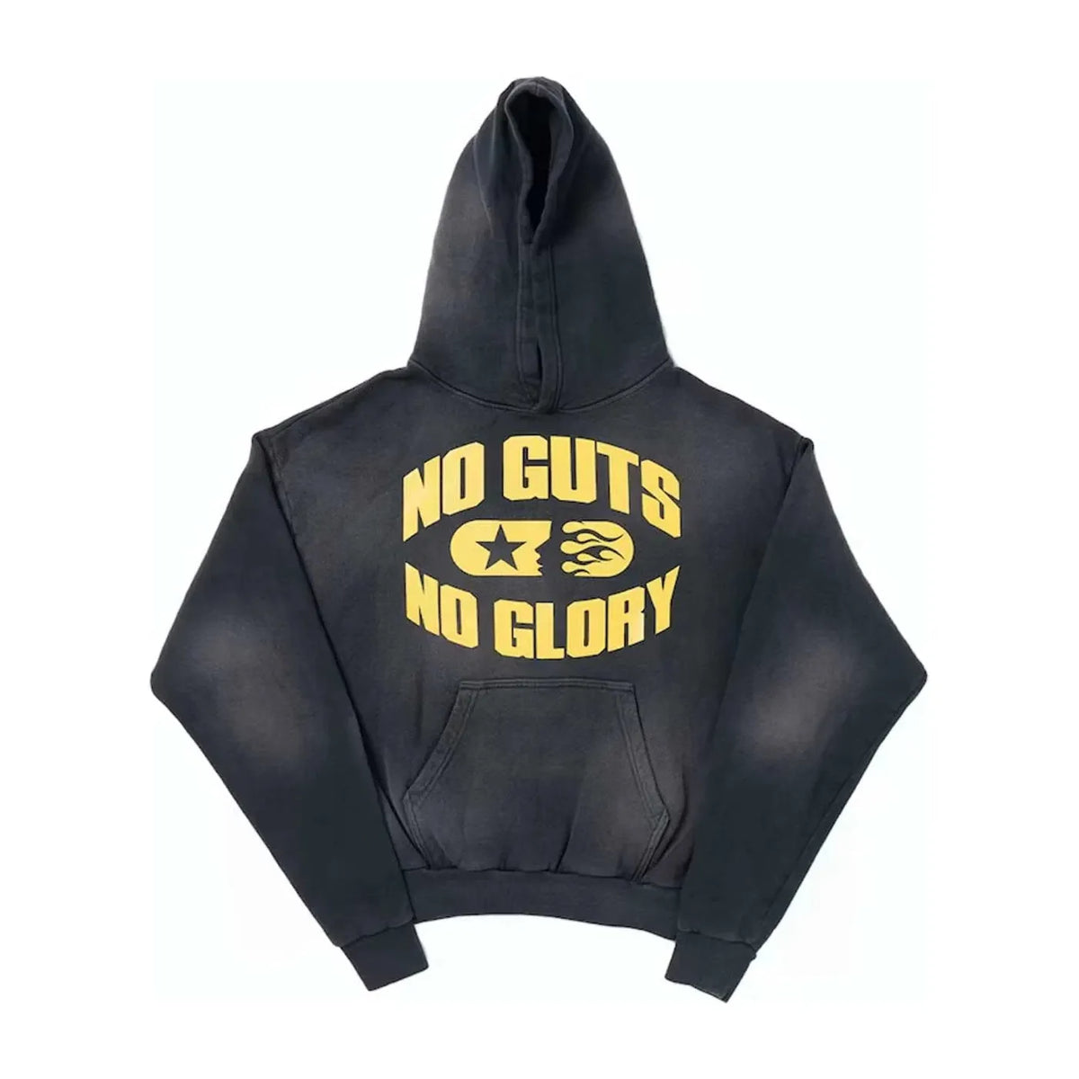 Washed black "No Guts No Glory" hoodie with yellow text, star & flame graphic, and front pouch.