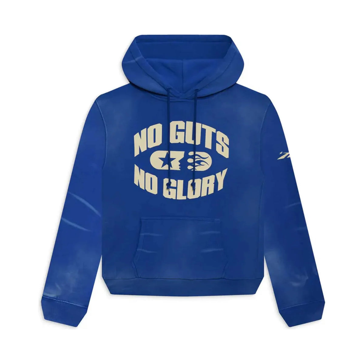 Hellstar Studios "No Guts No Glory" blue distressed hoodie with cream graphic, front pocket, drawstring hood & sleeve logo.