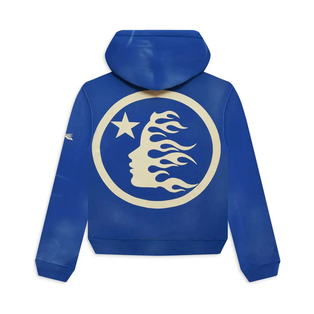 Distressed blue hoodie, back view. Cream circle graphic on back: flaming face profile, star. Hellstar bolt logo on sleeve.