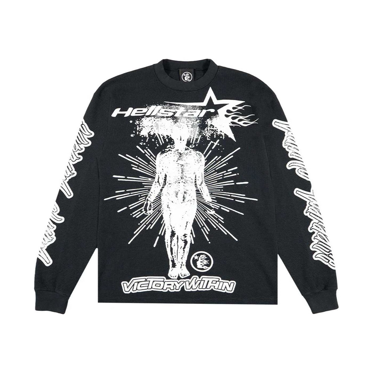 Black Hellstar Victory thermal long-sleeve shirt with white graphic of radiating human, flaming star, and "Victory Within" text.