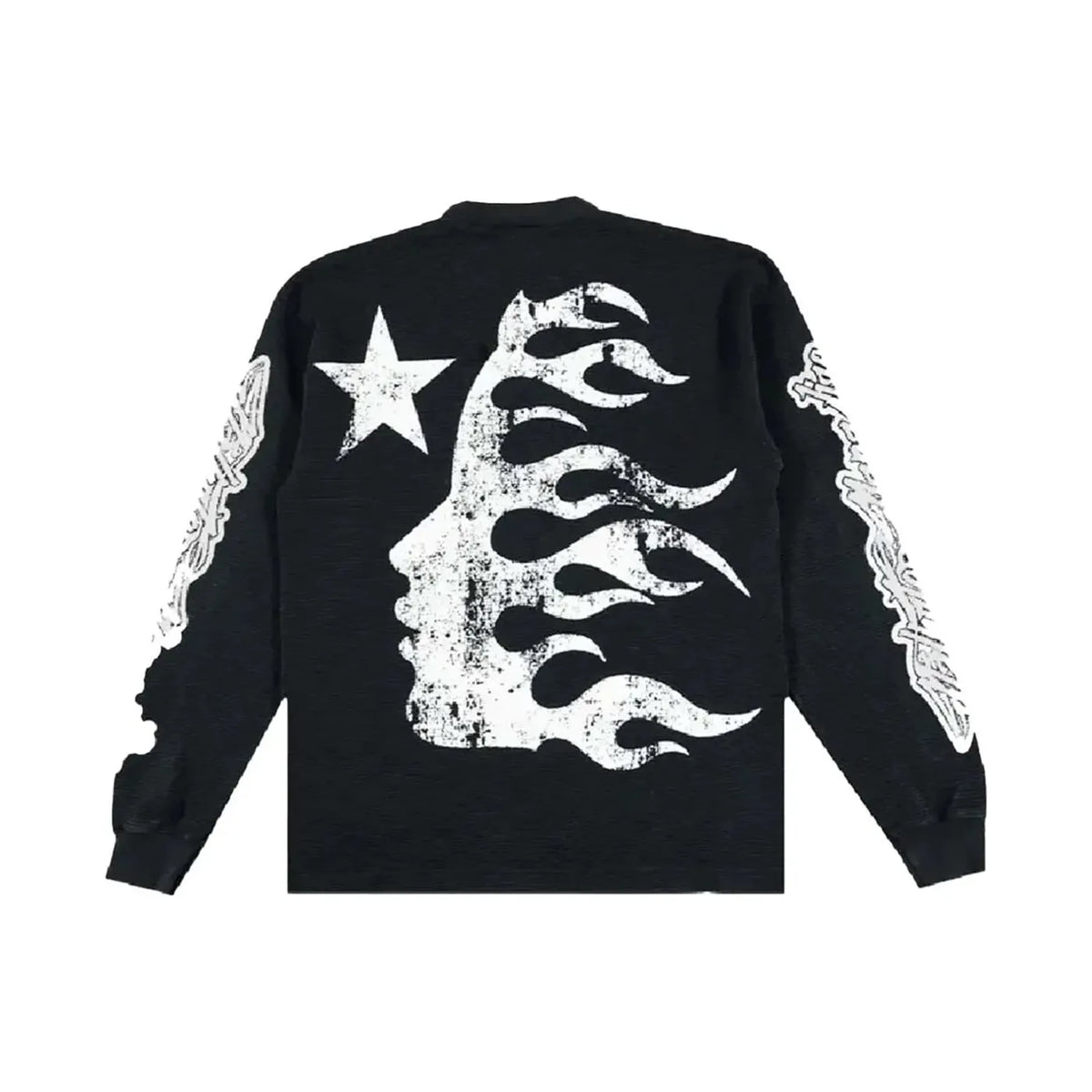 Black Hellstar Victory thermal long sleeve. Distressed white graphic: flaming face, star on back; intricate patterns on sleeves.