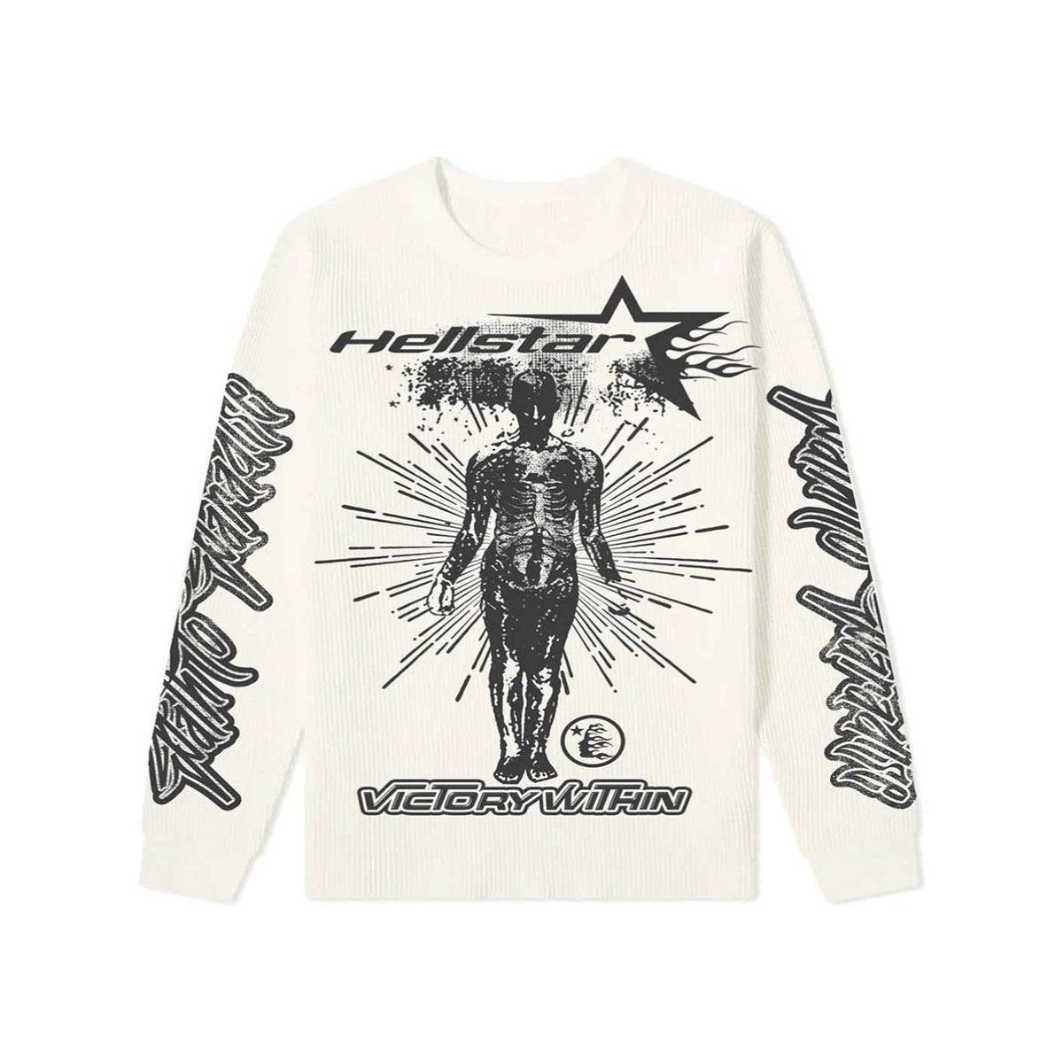 White Hellstar ribbed thermal long sleeve. Black graphic: radiating human anatomy, Hellstar star logo, and "Victory Within" on front & sleeves.