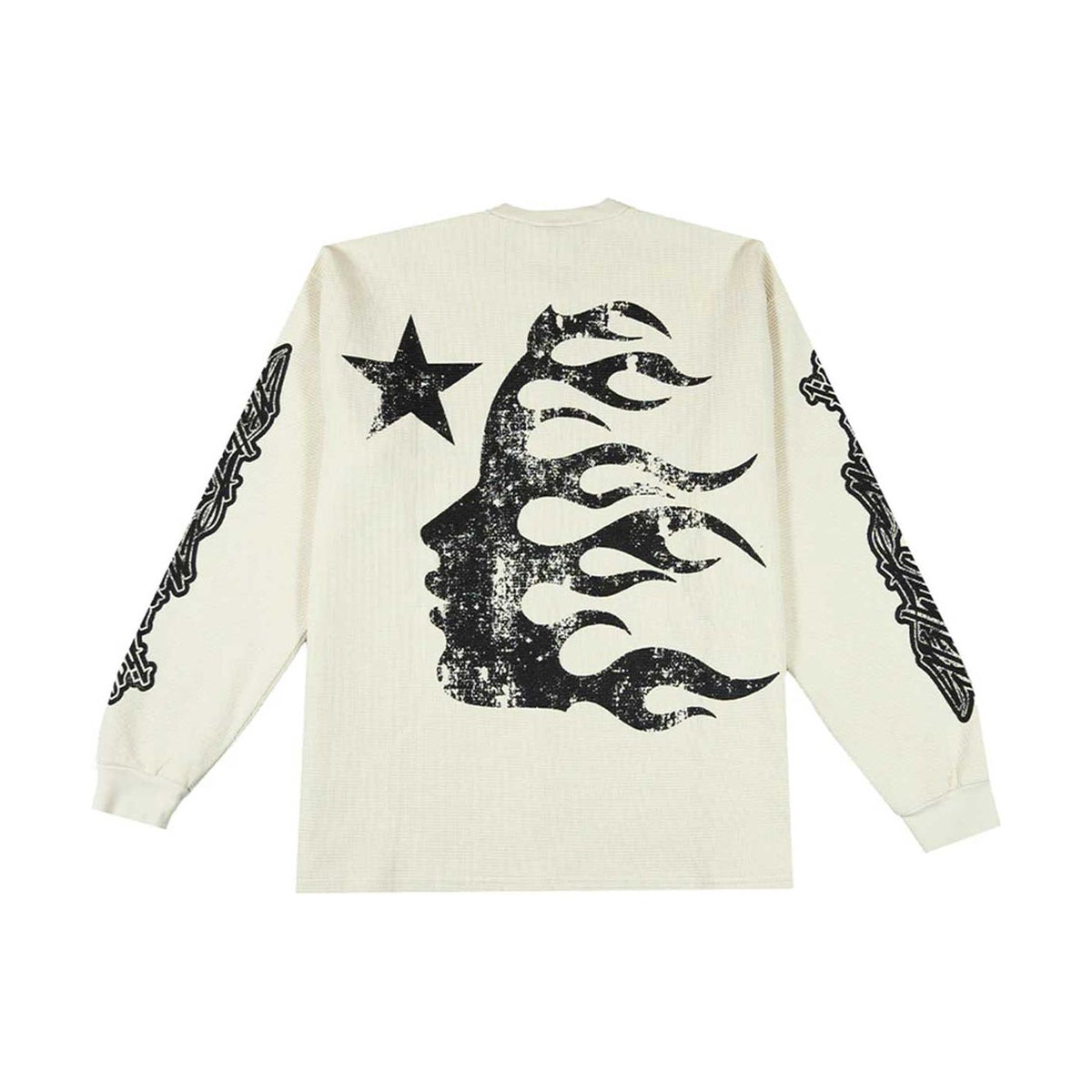 Hellstar Studios cream thermal long sleeve. Back features distressed black flaming head & star graphic; gothic designs on sleeves.