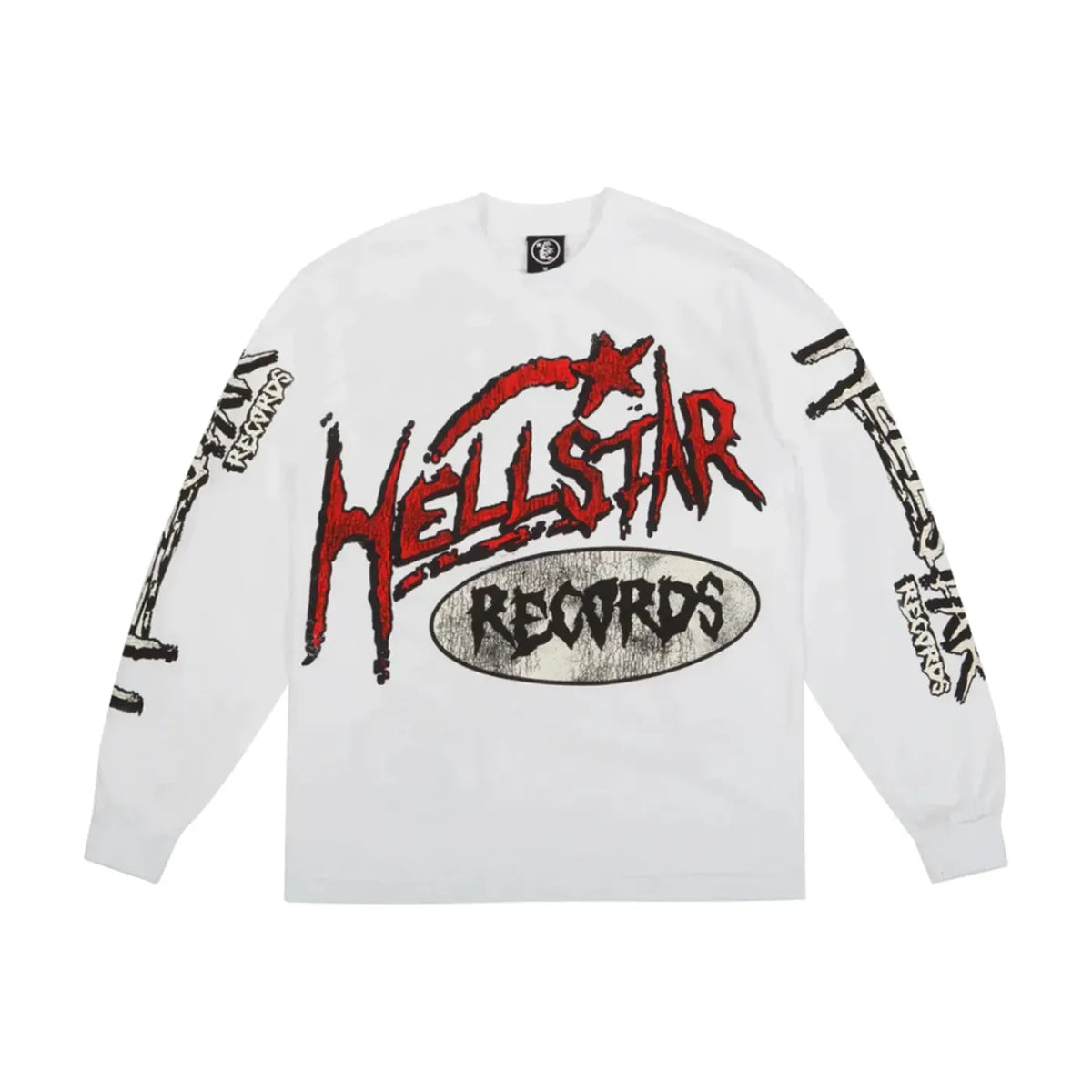 White Hellstar Studios long sleeve tee with distressed red "Hellstar" and "Records" graphic. Distressed "Hellstar Records" on sleeves.
