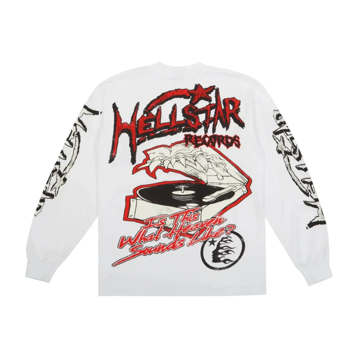 White Hellstar Records long sleeve tee. Back has red distressed Hellstar Records text, monster mouth turntable graphic & "Is This What Heaven Sounds Like?". Sleeve graphics.