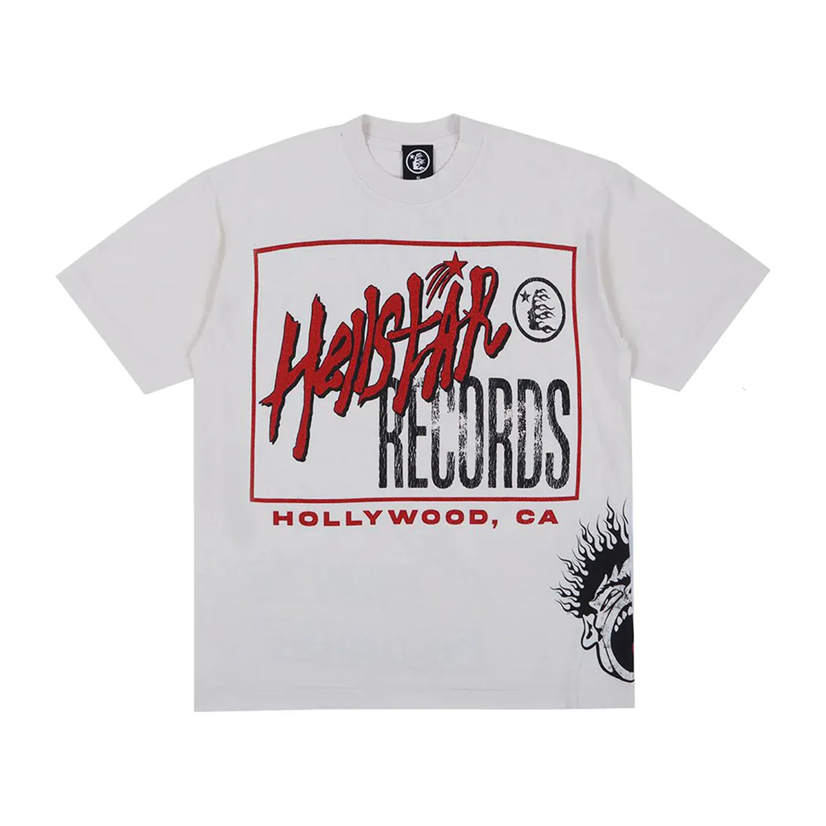 Cream Hellstar Studios Records tee with a red outlined box. 'Hellstar' in red script, 'RECORDS' in black, 'HOLLYWOOD, CA' in red. Screaming face graphic on right.
