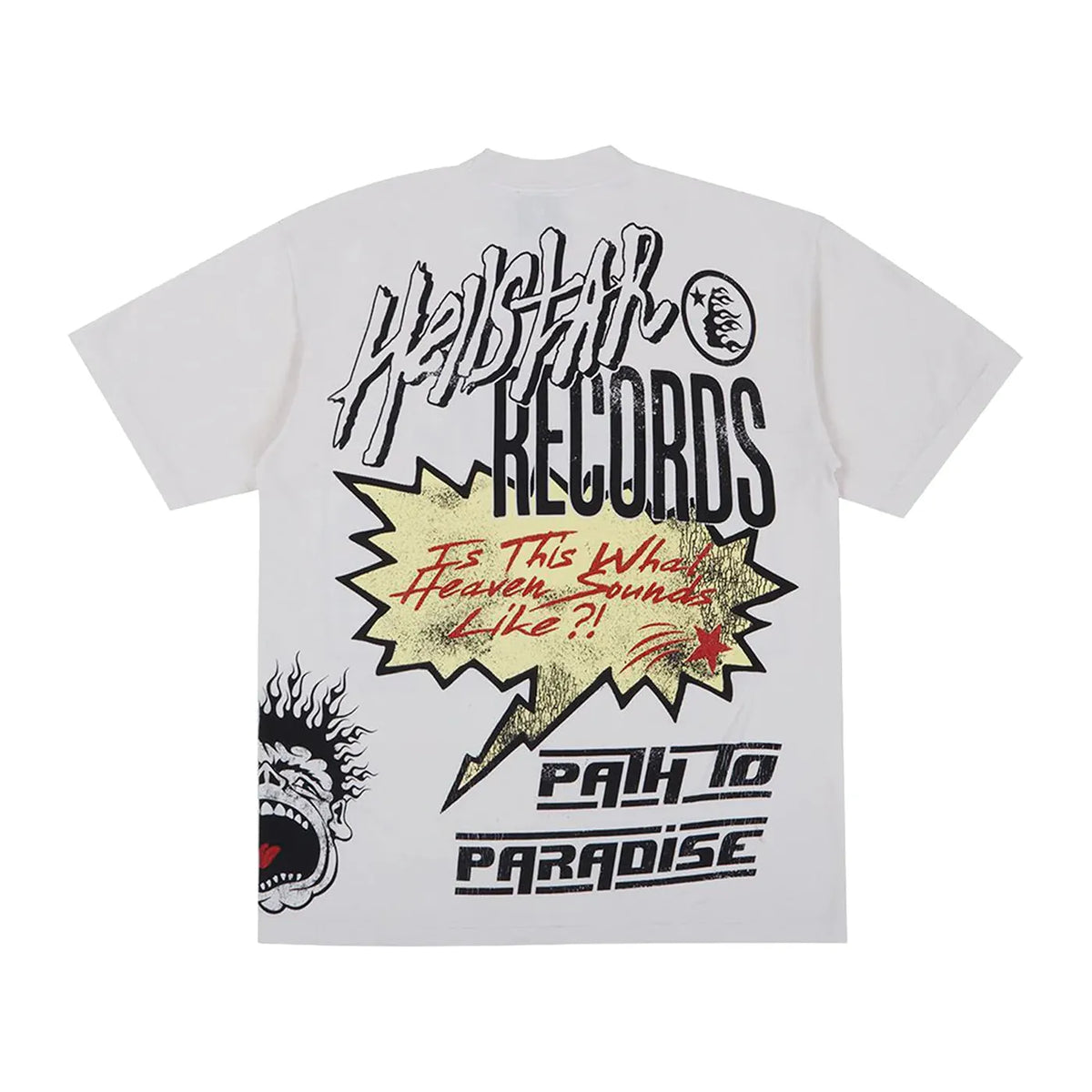 Cream Hellstar Studios Records Tee. Back has 'HELLSTAR RECORDS' graphic, yellow lightning bolt, screaming face, and 'PATH TO PARADISE'.