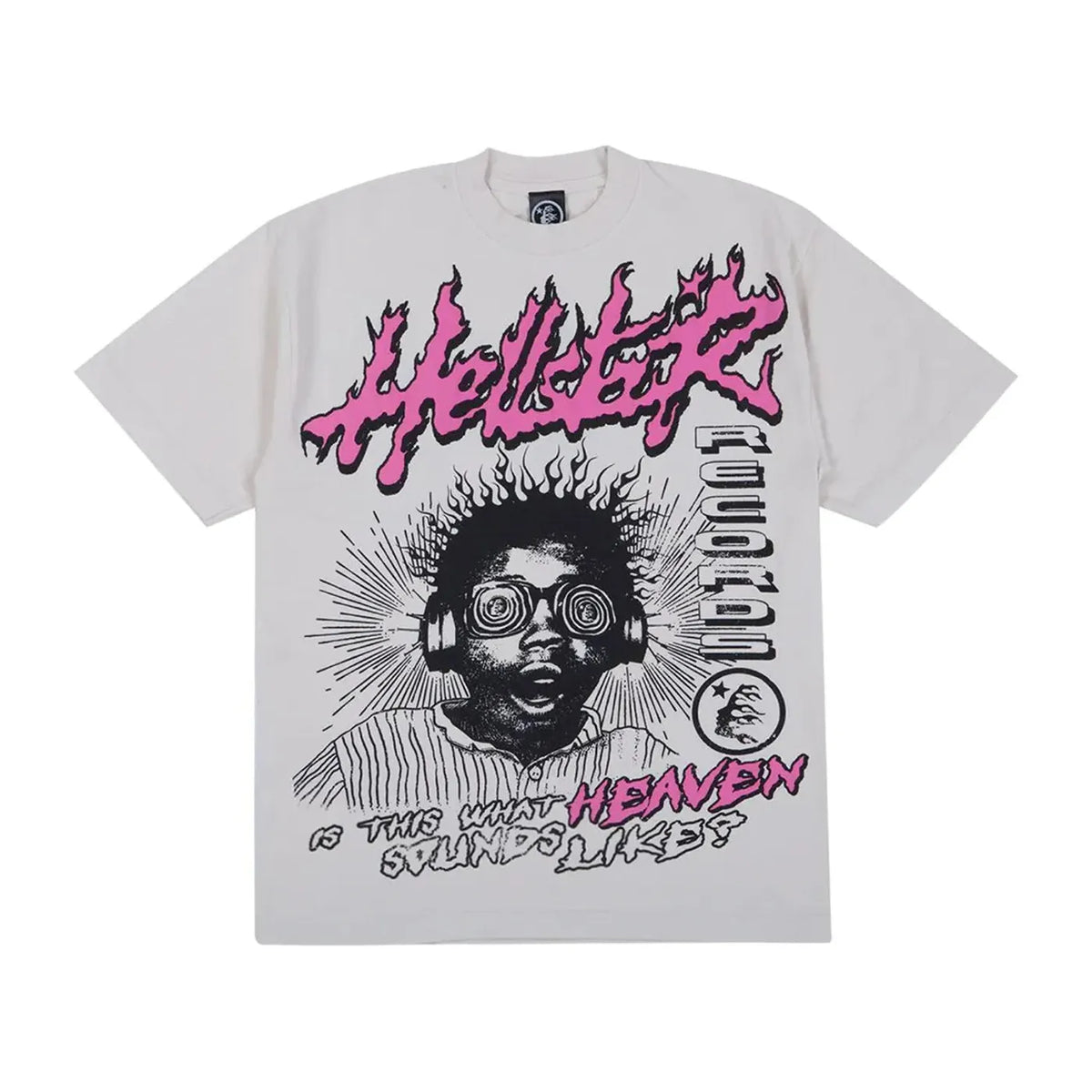 Cream Hellstar Studios tee: pink flaming 'Hellstar', screaming person with headphones, 'IS THIS WHAT HEAVEN SOUNDS LIKE?