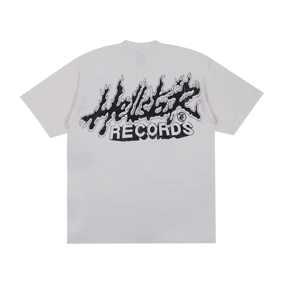 Cream Hellstar Studios tee, back features large black "Hellstar" text stylized as flames, with "RECORDS" below.