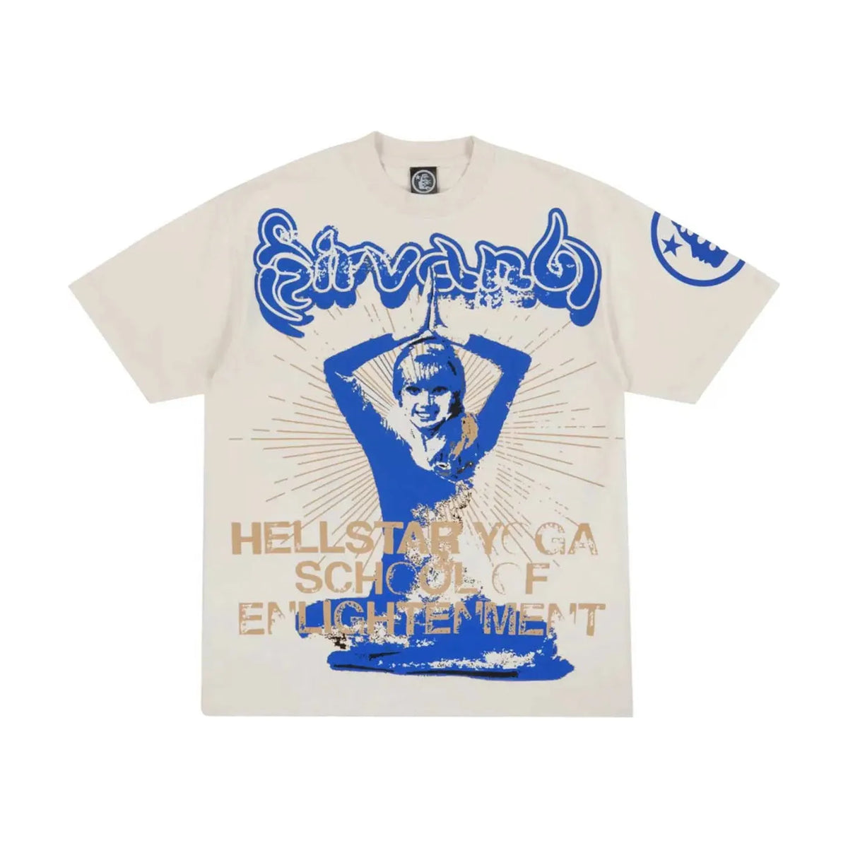 Cream Hellstar Studios yoga tee with blue yoga figure and gold 'HELLSTAR YOGA SCHOOL OF ENLIGHTENMENT' text.