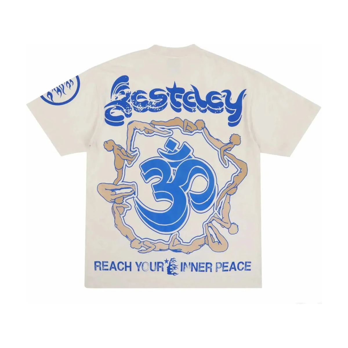 Cream Hellstar Studios Yoga Tee: "Ecstasy" above blue Om symbol, encircled by beige yoga figures. "Reach Your Inner Peace" below.