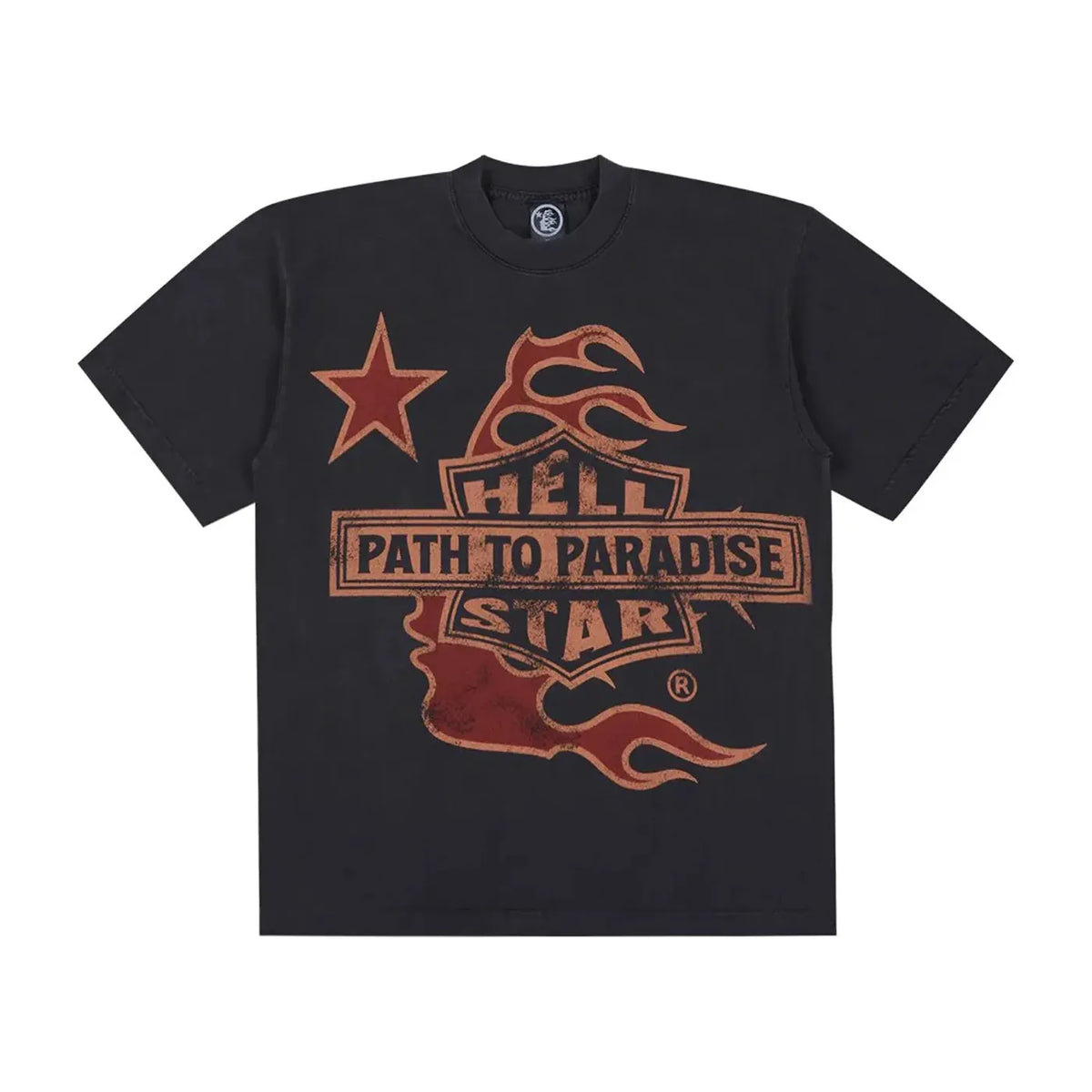 Washed black Hellstar tee with distressed red-orange flames, star, & "HELL PATH TO PARADISE STAR" graphic.