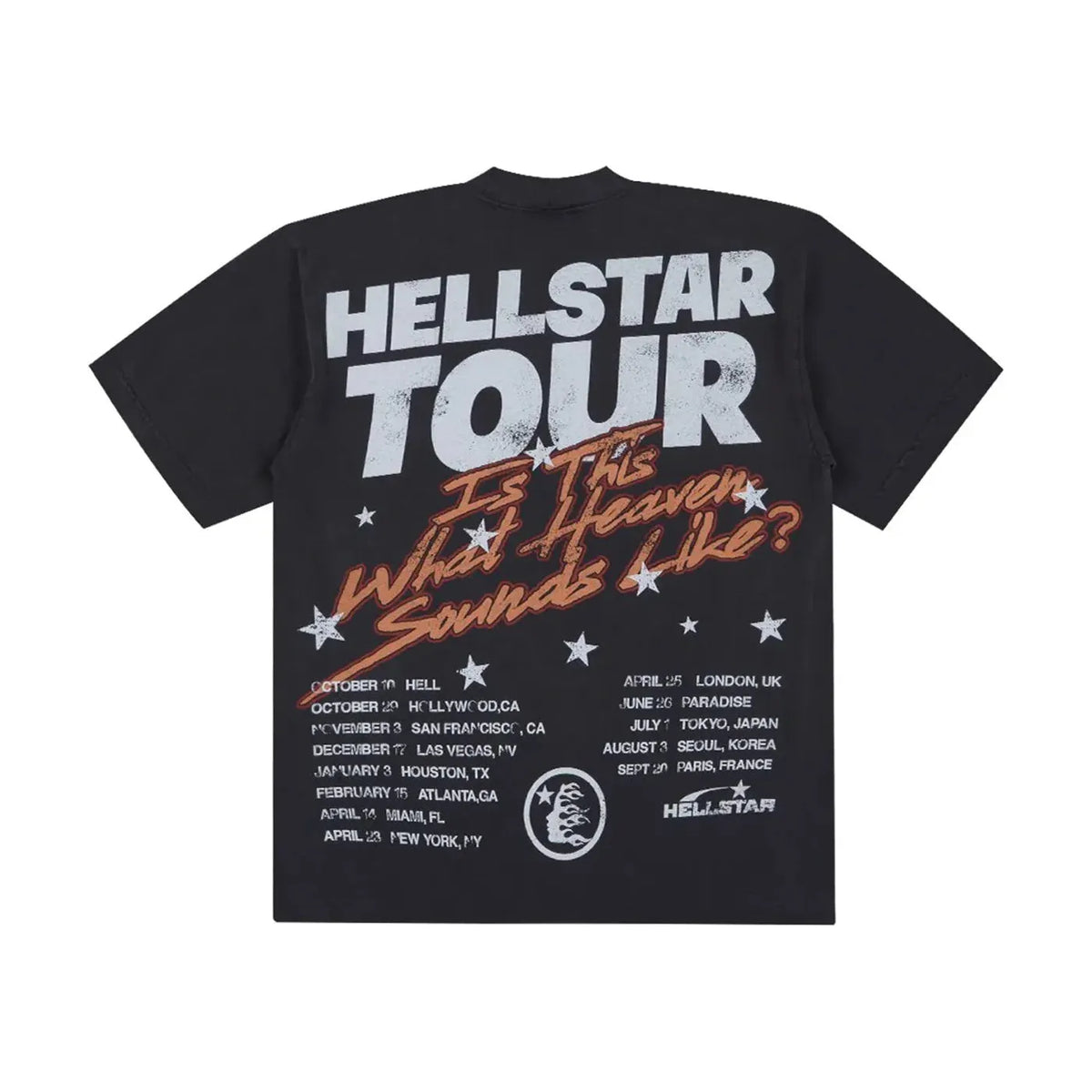 Black Hellstar Studios Biker Tour Tee with distressed white "HELLSTAR TOUR" & orange "Is This What Heaven Sounds Like?", stars & tour dates.