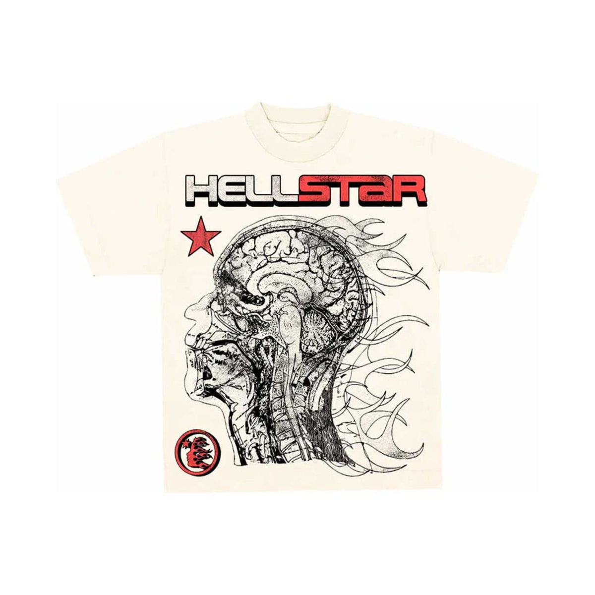 Cream Hellstar tee with red/black HELLSTAR logo, red star, and detailed anatomical human head & brain graphic.