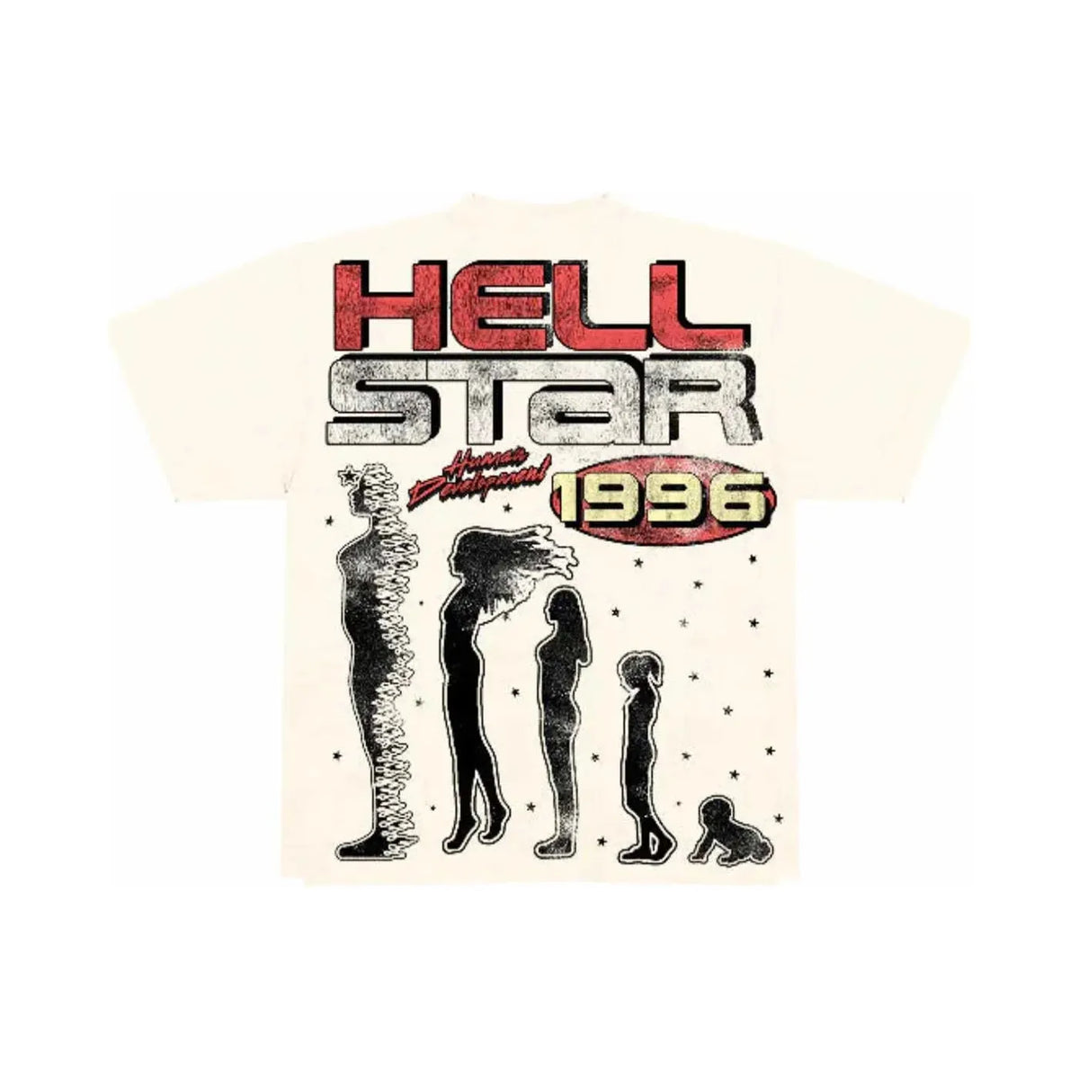 Cream Hellstar tee with red/white 'HELL STAR', 'Human Development 1996', & 5 black human growth silhouettes, first segmented.