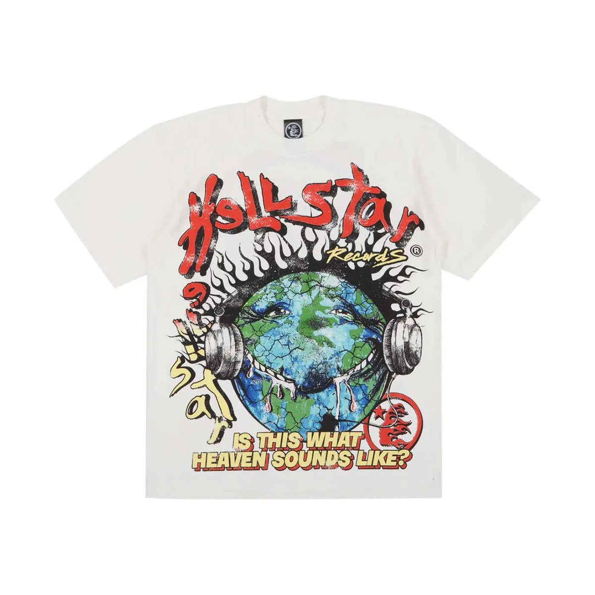 Off-white Hellstar tee with "Hellstar Records" in red flames over a cracked earth wearing headphones, dripping liquid. "IS THIS WHAT HEAVEN SOUNDS LIKE?