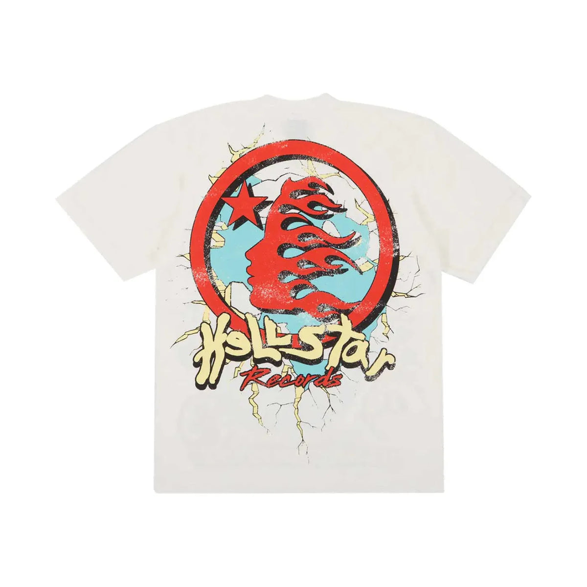Hellstar Studios Heaven on Earth off-white tee. Distressed graphic: red flaming face, star, & 'Hellstar Records' on blue, in a red circle with yellow cracks.