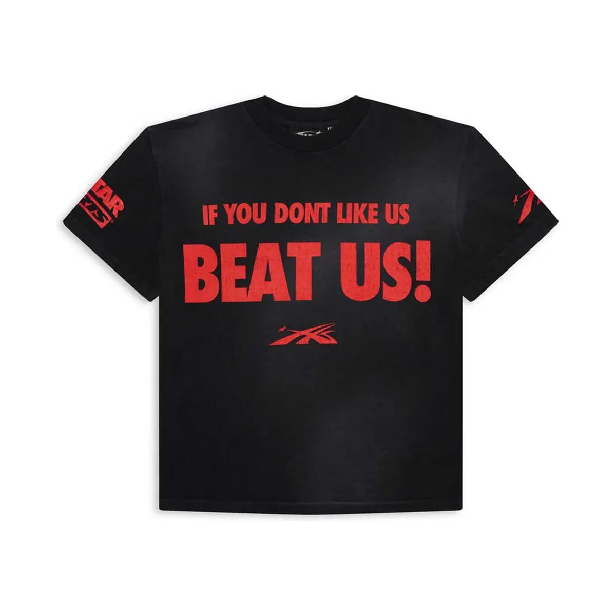 Black Hellstar Studios tee with red "IF YOU DONT LIKE US BEAT US!" text on front & red Hellstar logos on sleeves.