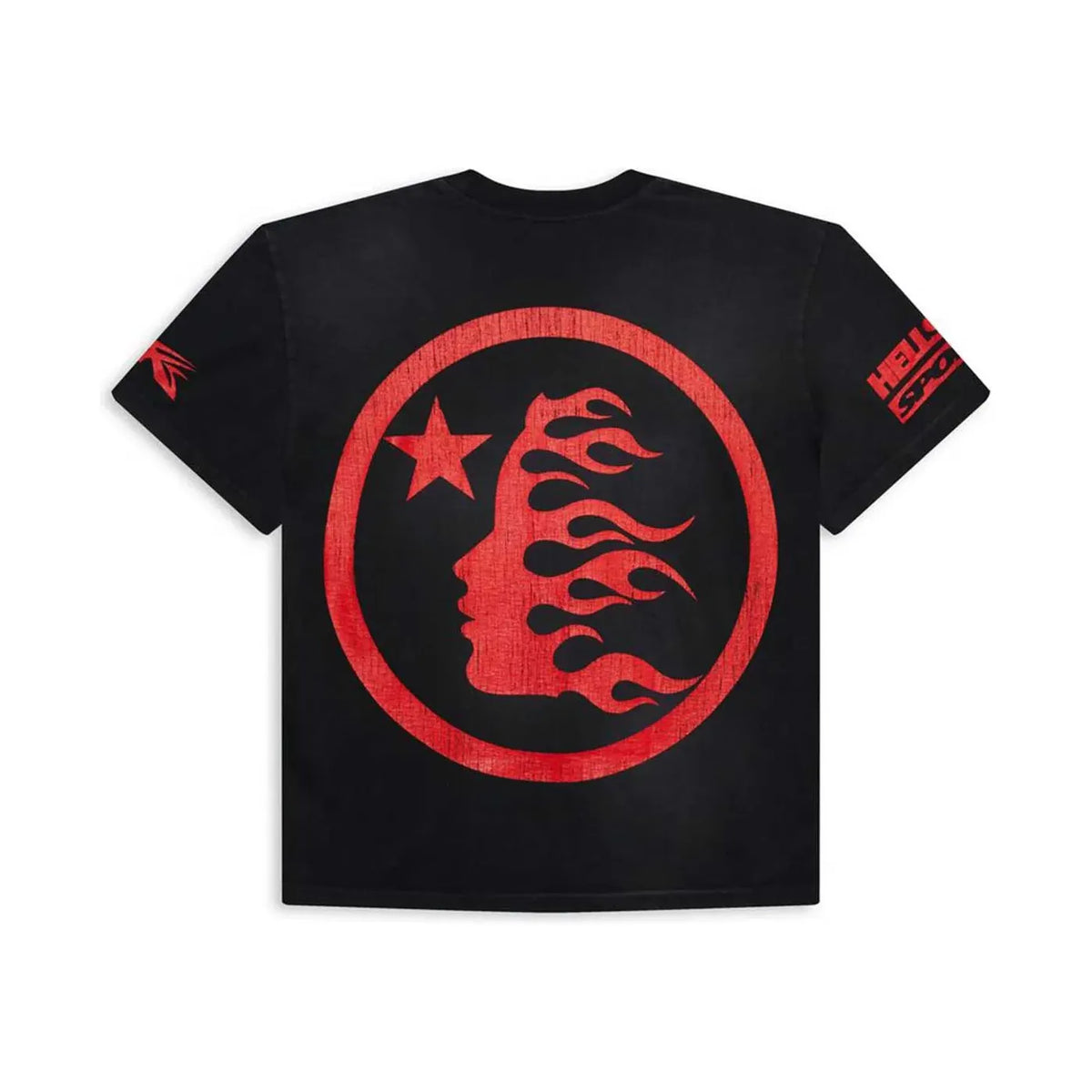 Hellstar Studios black tee with large red flaming face profile & star graphic on back. Red 'HELLSTAR SPORTS' on shoulder & logo on sleeve.