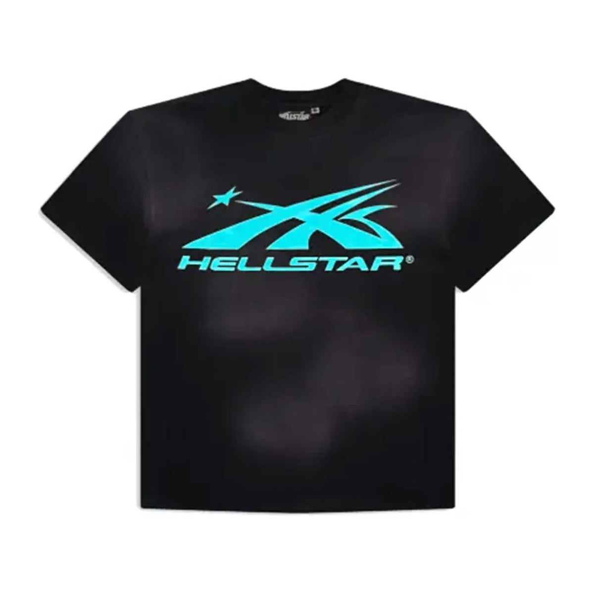 Black Hellstar Studios Gel Sport Logo Tee with a vibrant blue stylized "X" and star logo, plus "HELLSTAR®" text.