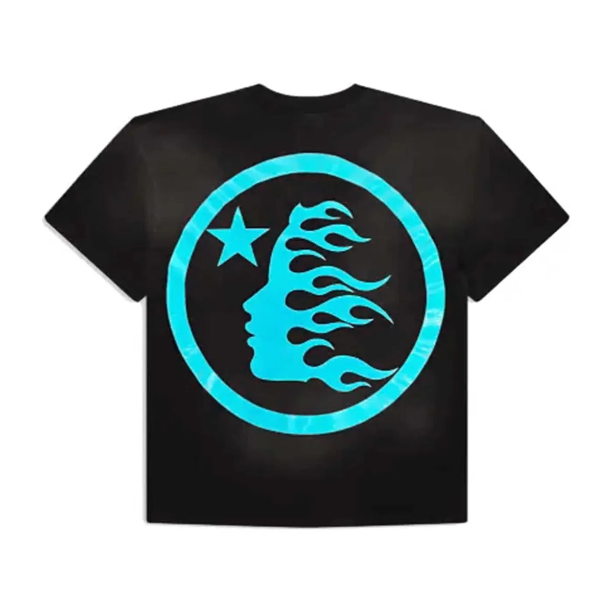 Hellstar Studios black tee with a vibrant blue gel logo: profile face with flames & star inside a circle.
